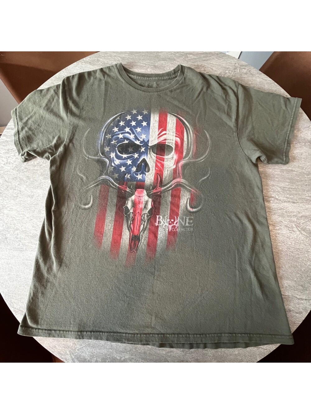 Bone Collector Mens Graphic T Shirt Skull American Flag Print Green
